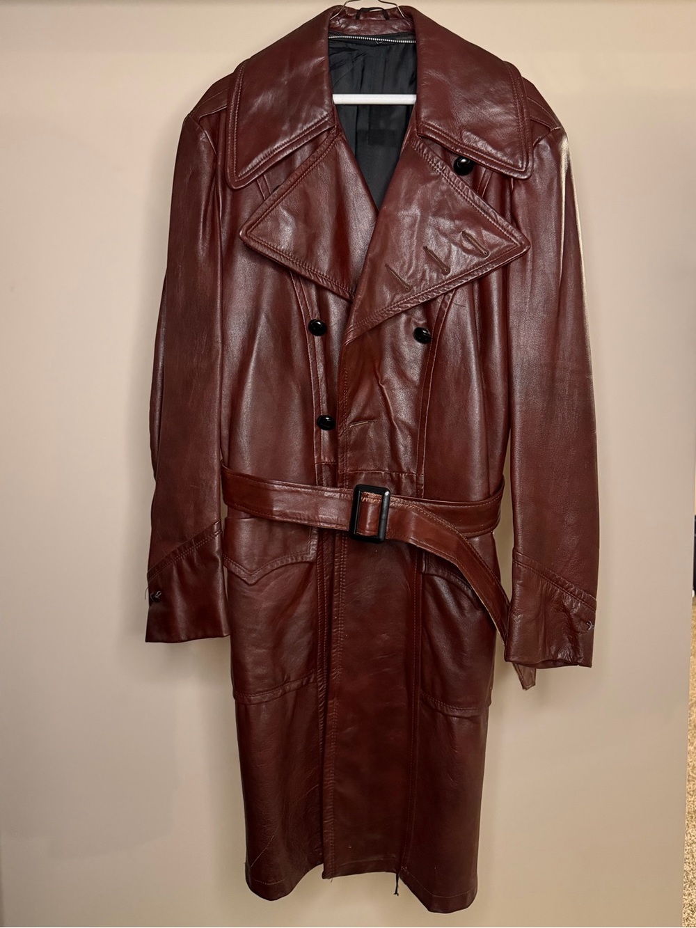 Vintage Brown Leather Trench Coat with Belt